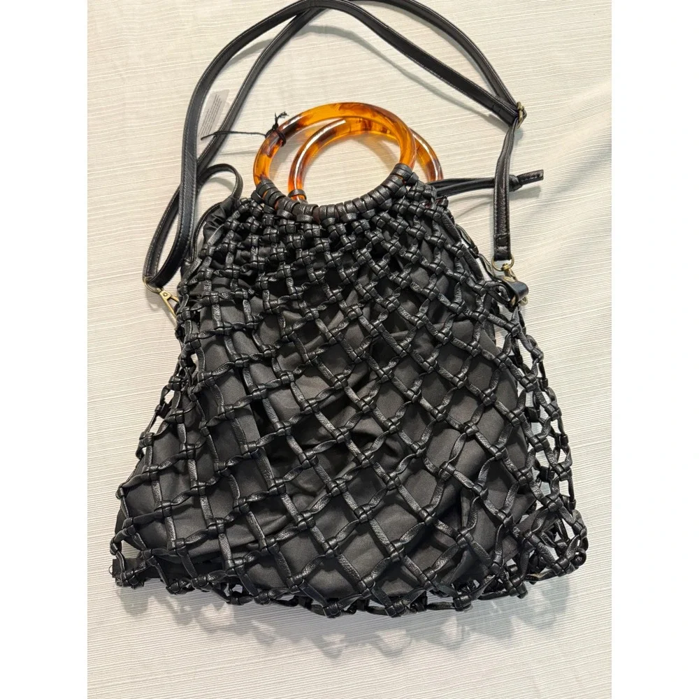 Anthropologie Black Macrame Net Bag Tortoiseshell Ring Handle Crossbody Pouch
